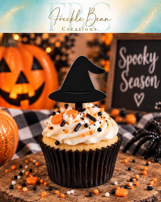 Black Acrylic Witch Hat Cupcake Toppers | Halloween Party Decor (Set of 6)