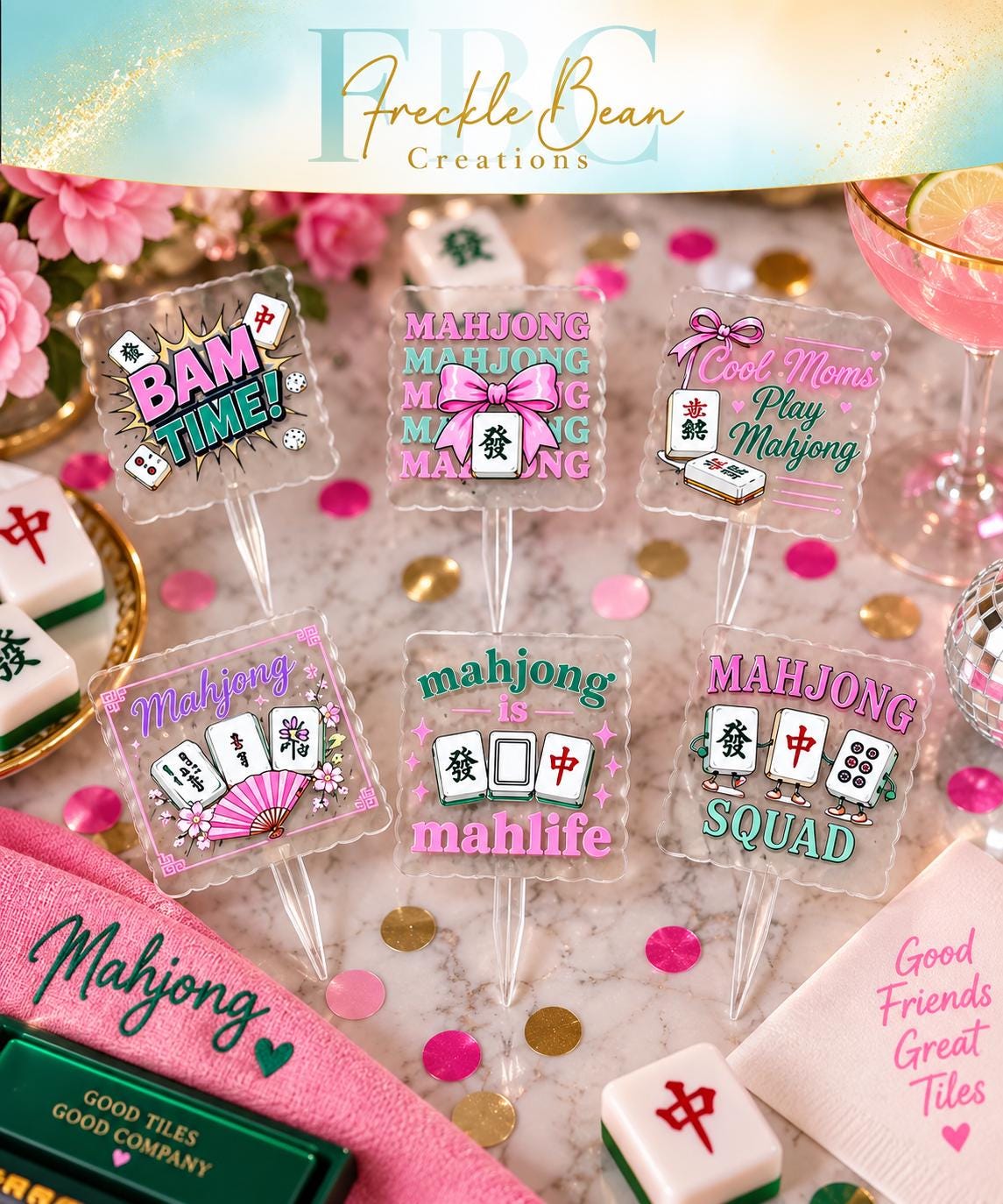 Mahjong Acrylic Cupcake Toppers, Game Night Party Decorations (Set of 6)