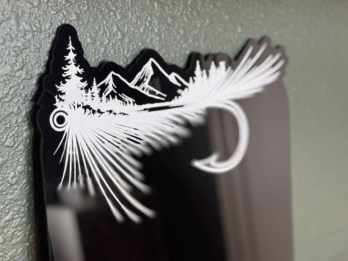 Hand-Painted Fly Fishing Adventure Sticker Board RV Camper Decor Engraved Acrylic Mountain Scene