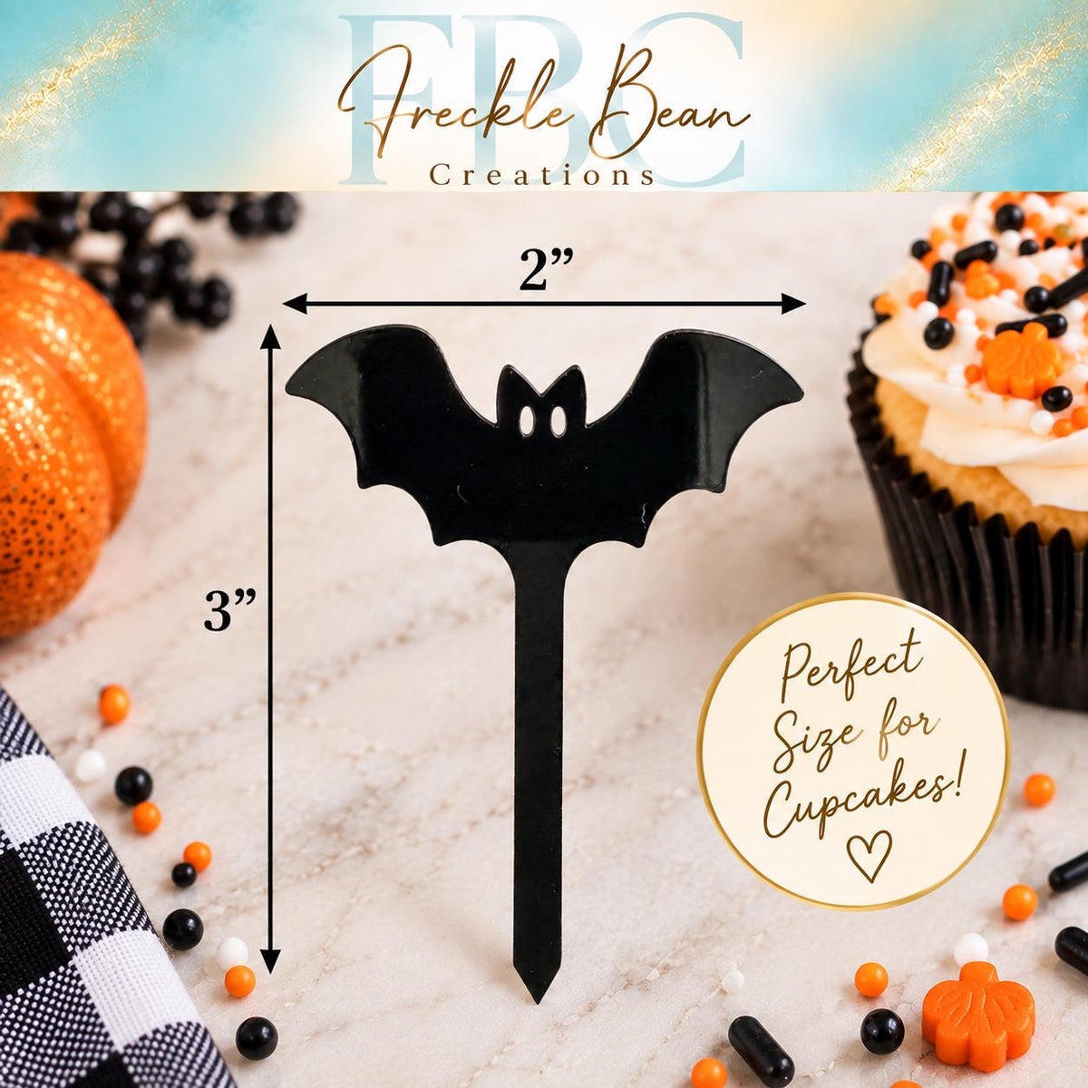 Black Acrylic Bat Cupcake Toppers | Halloween Party Decor (Set of 6)