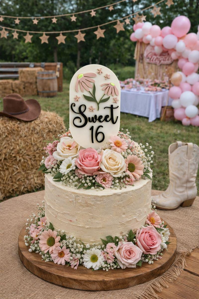 Sweet 16 Cake Topper Floral Pastel Garden Party Decor Acrylic