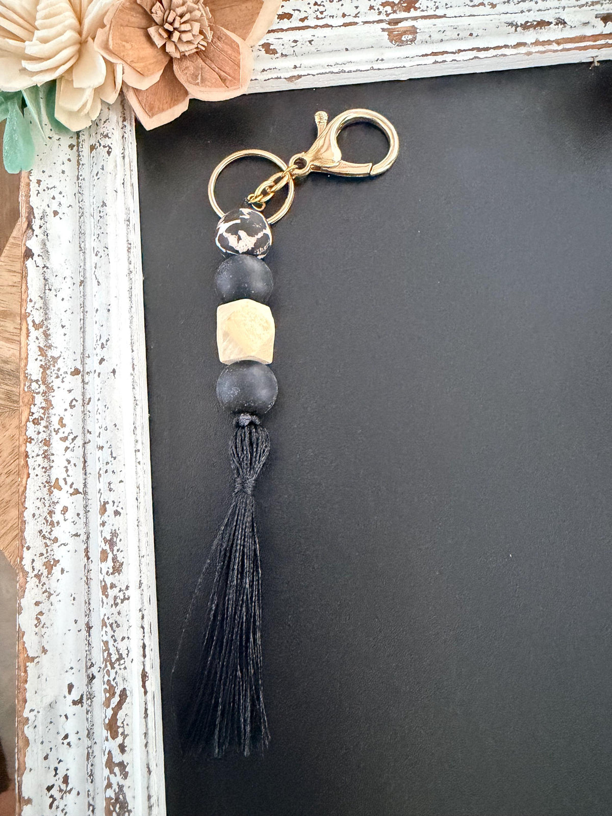 Boho Beaded Tassel Keychain | Black Wood Bag Charm