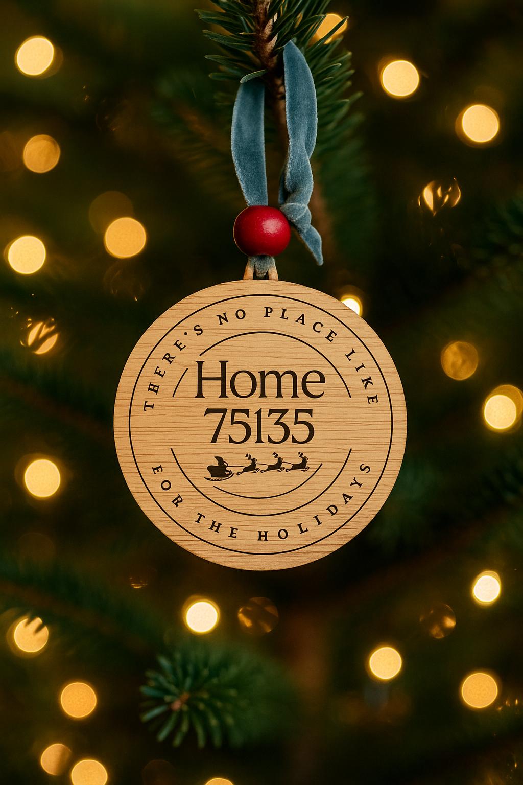 Custom Zip Code Ornament Wood Christmas Ornament Personalized Holiday Gift Velvet Ribbon Engraved