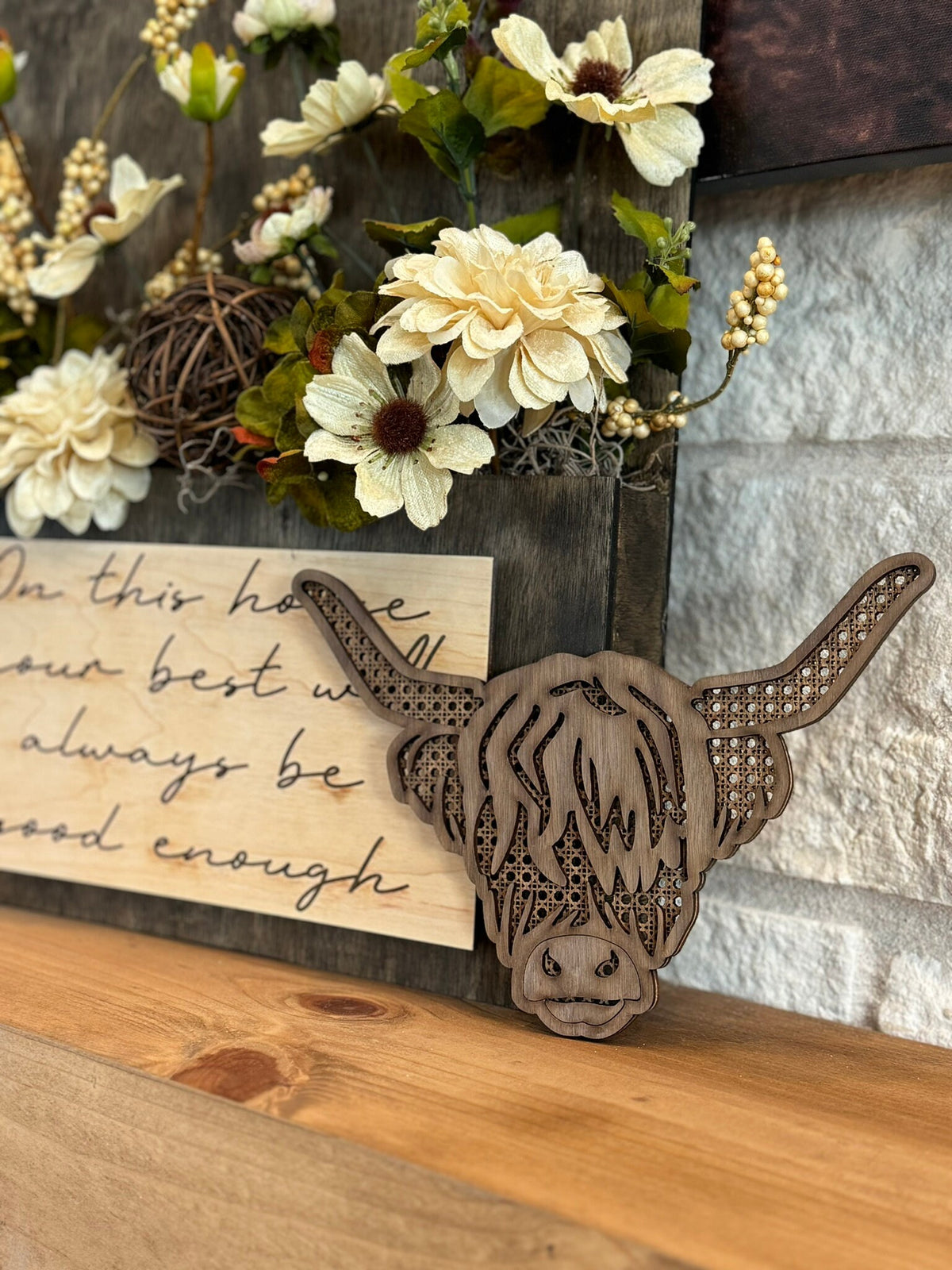 Layered Wood Highland Cow Wall Decor: Rattan-Inspired Boho Western Nursery Art