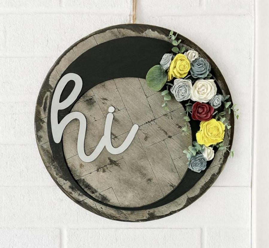 Round Wood Door Hanger with Flowers, Modern Farmhouse Front Door Sign