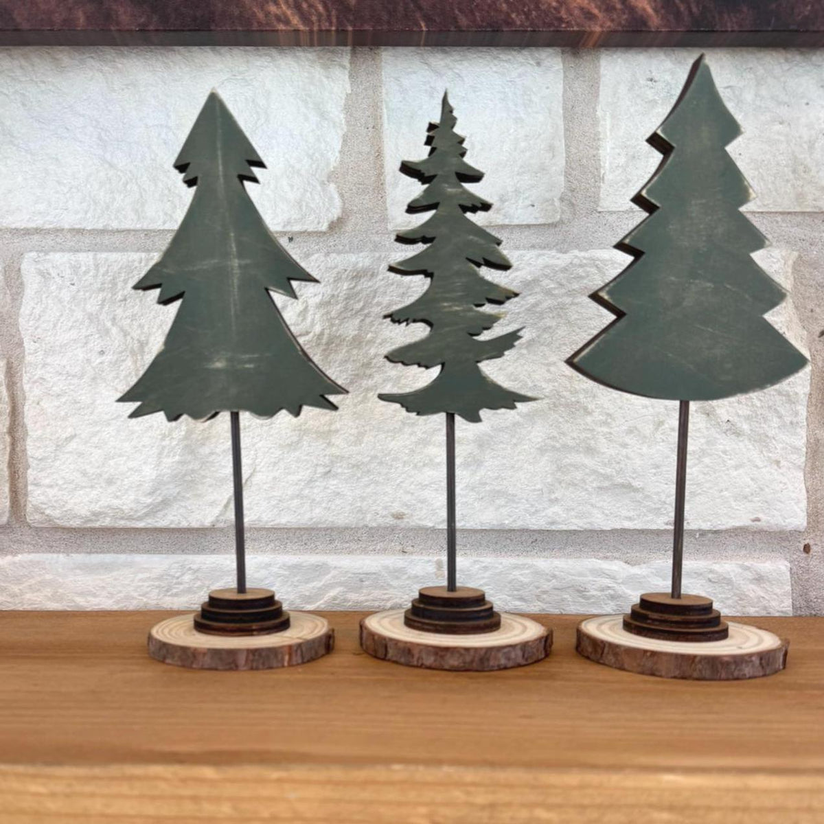 Rustic Wood Christmas Tree Set, Evergreen Holiday Mantel Decor