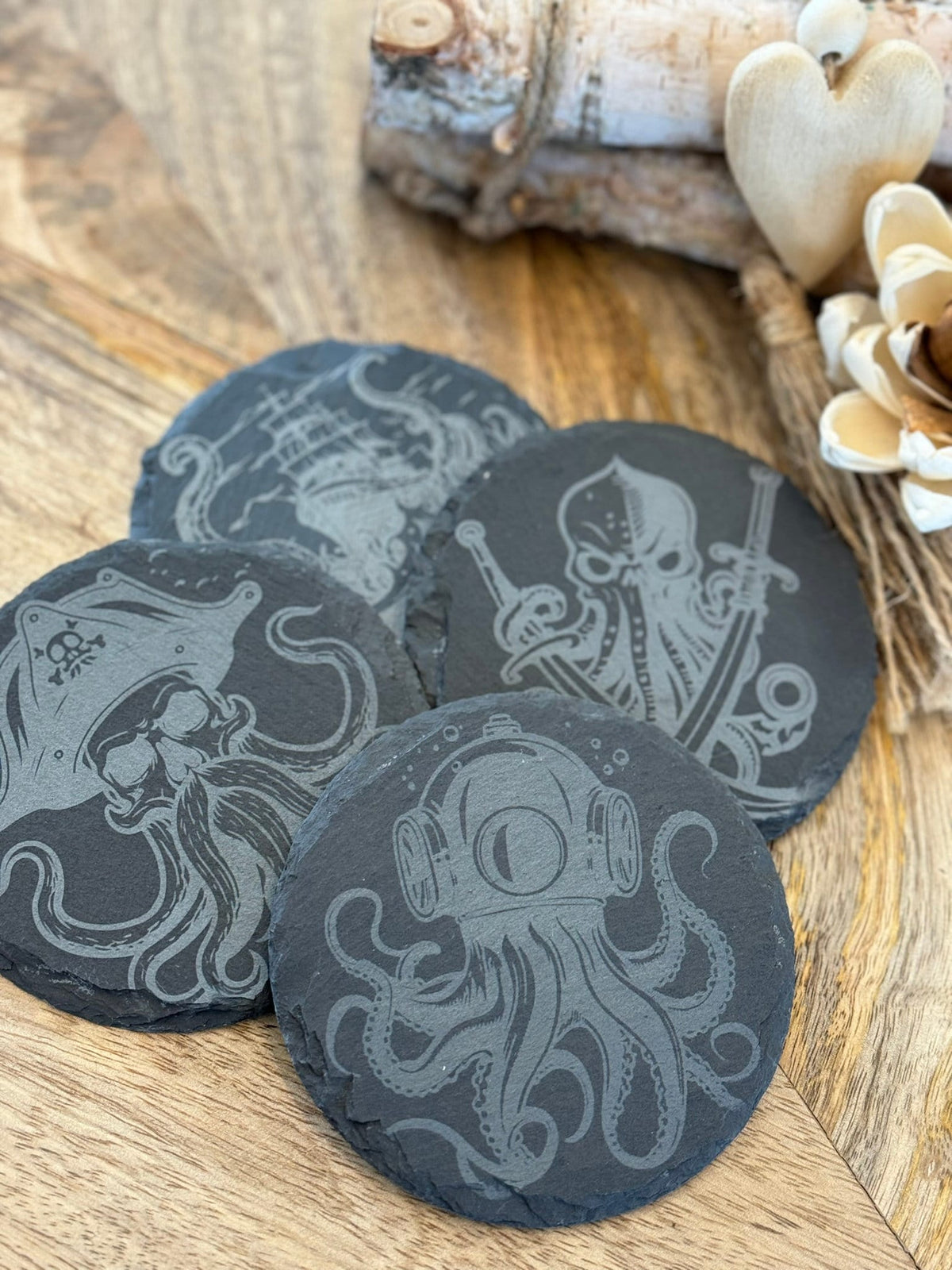 Slate Coasters Nautical Engraved Octopus Kraken Pirate Ship