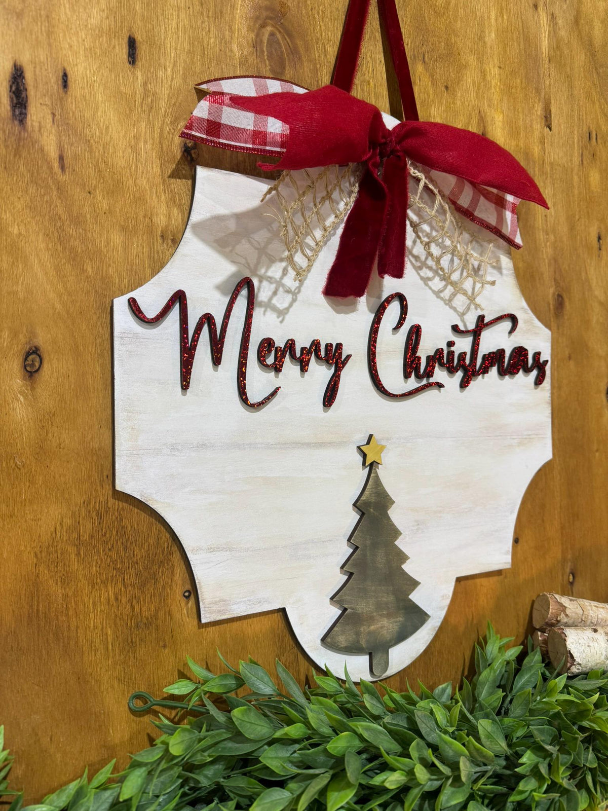 Merry Christmas Door Sign Rustic Wall Decor Farmhouse Sign Layered Wood Tree Holiday Decor