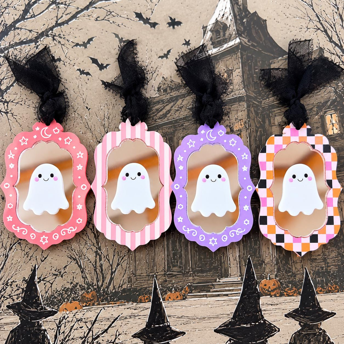 Boo Basket name Tag Personalized Ghost Mirror Bag Tag | Custom Halloween Name Tag | Spooky Backpack Charm | Trick or Treat Tag