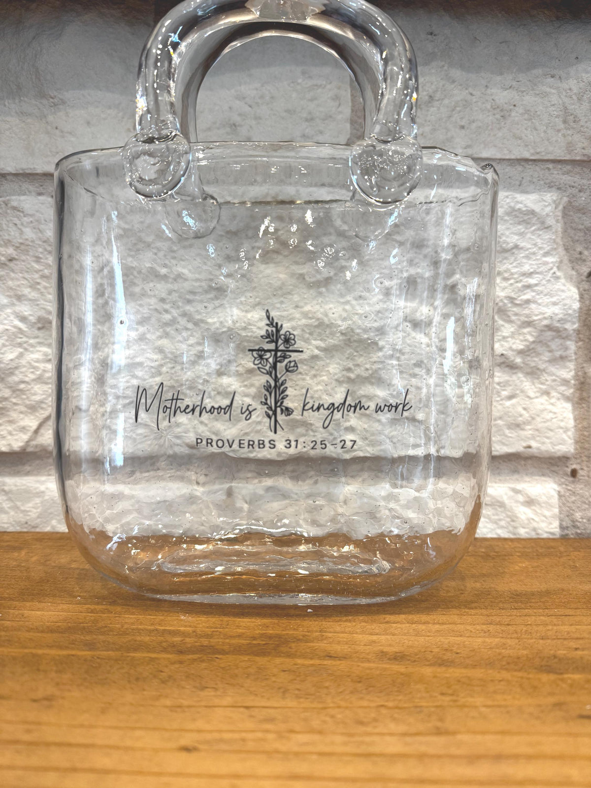 Glass Purse Vase, Proverbs 31:25-27, Motherhood Decor, Floral Arrangement Holder