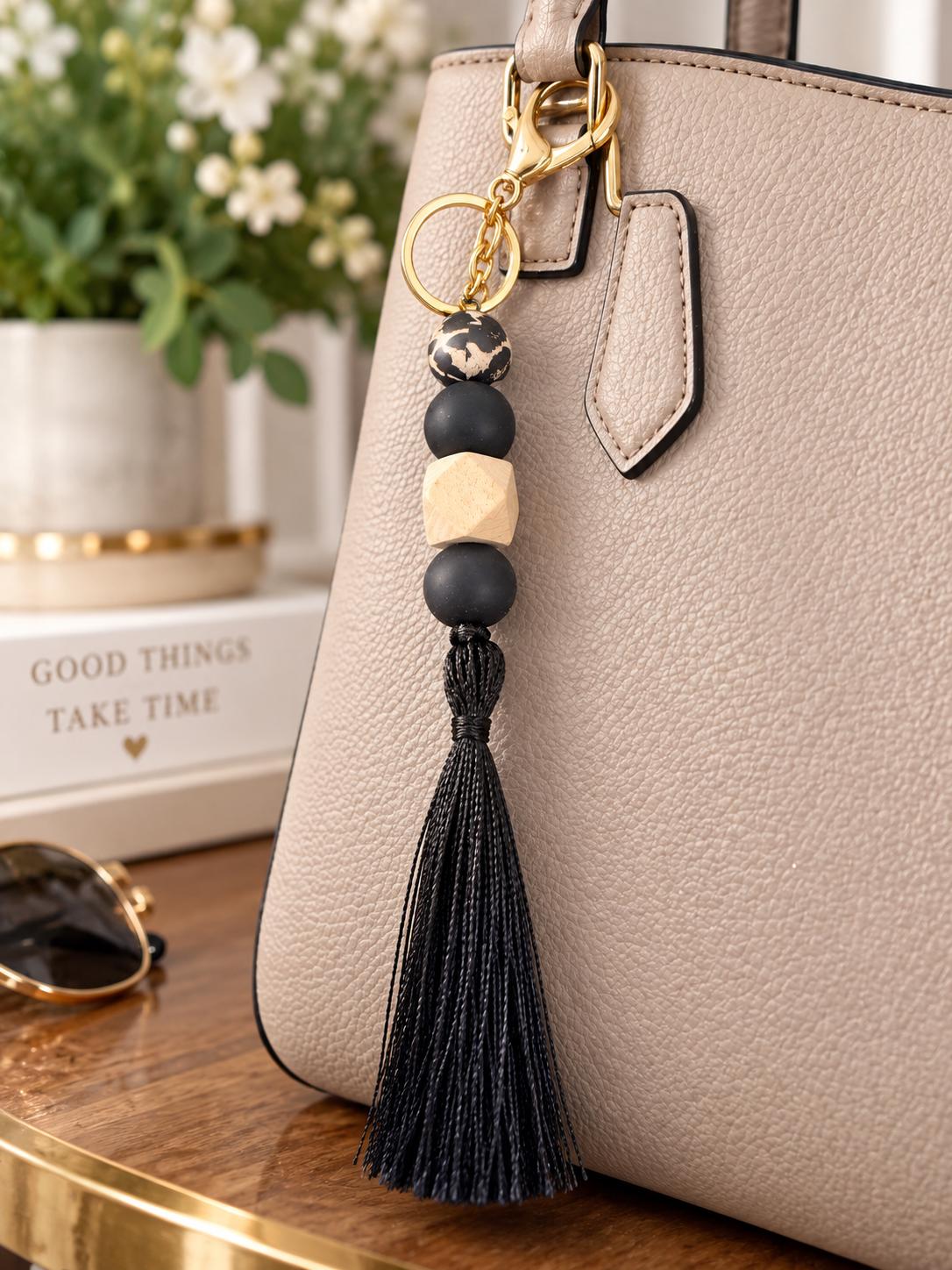 Boho Beaded Tassel Keychain | Black Wood Bag Charm