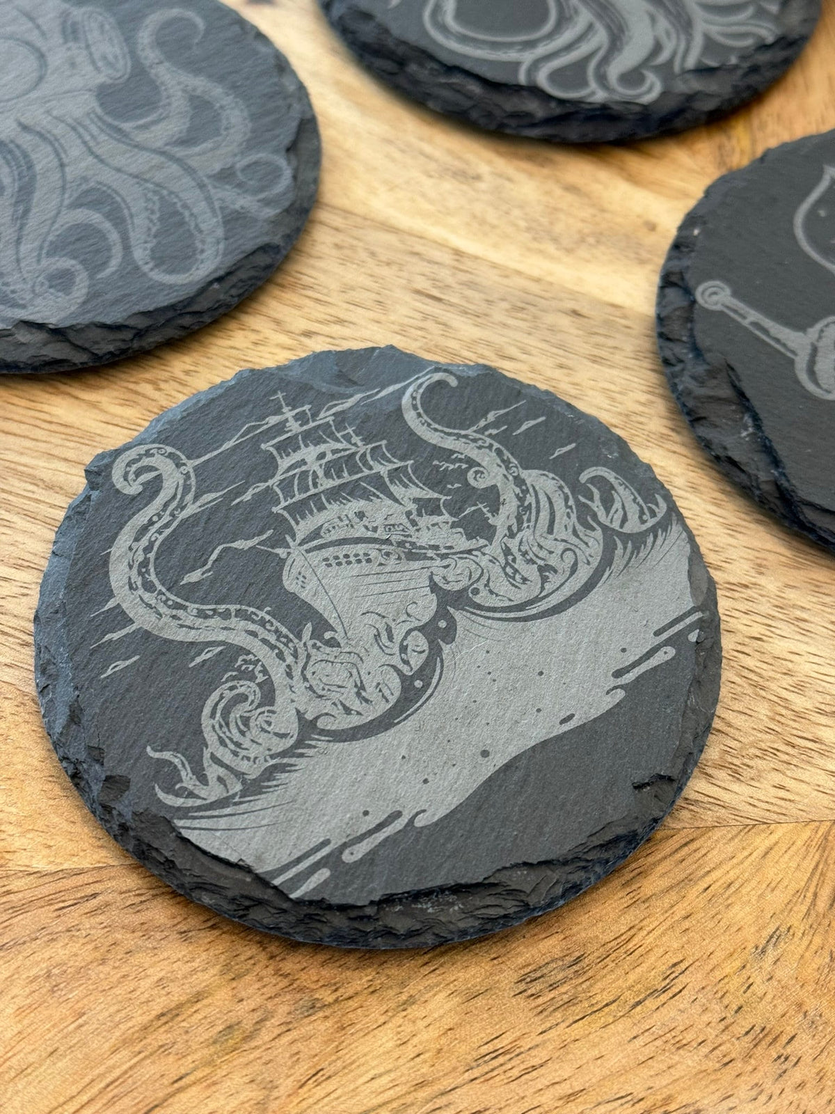 Slate Coasters Nautical Engraved Octopus Kraken Pirate Ship