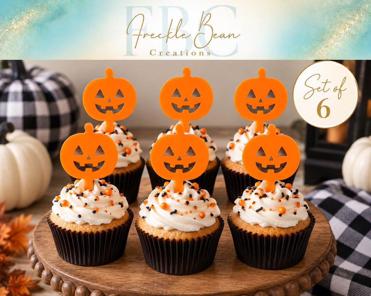 Set of 6 Orange Acrylic Jack-O'-Lantern Cupcake Toppers | Halloween Party Picks