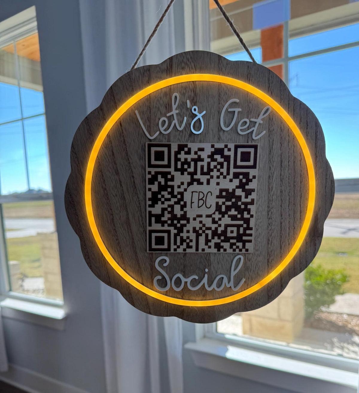 Let’s Get Social lighted QR Code Sign LED Wood Acrylic Scalloped Custom Business Sign