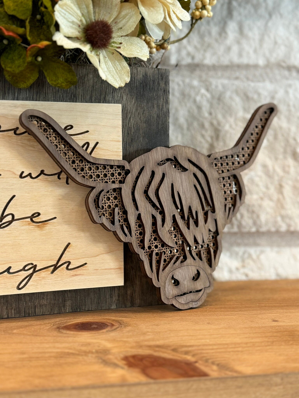Layered Wood Highland Cow Wall Decor: Rattan-Inspired Boho Western Nursery Art