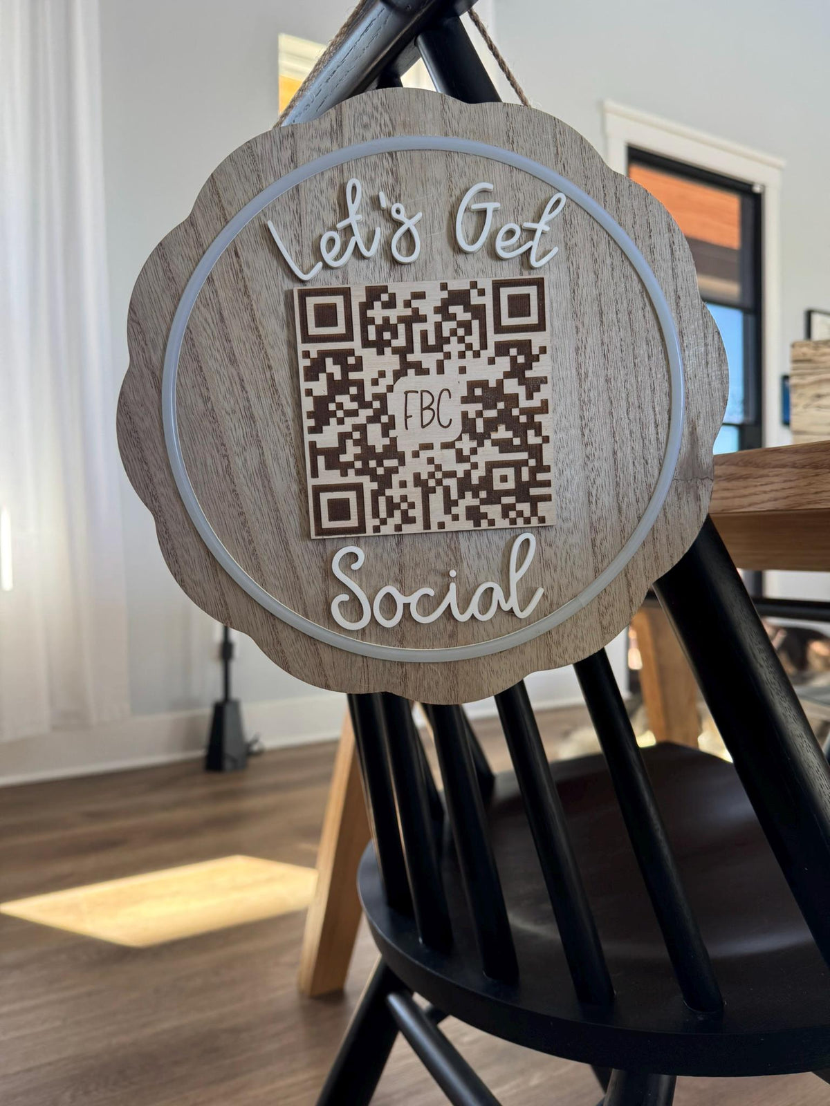 Let’s Get Social lighted QR Code Sign LED Wood Acrylic Scalloped Custom Business Sign
