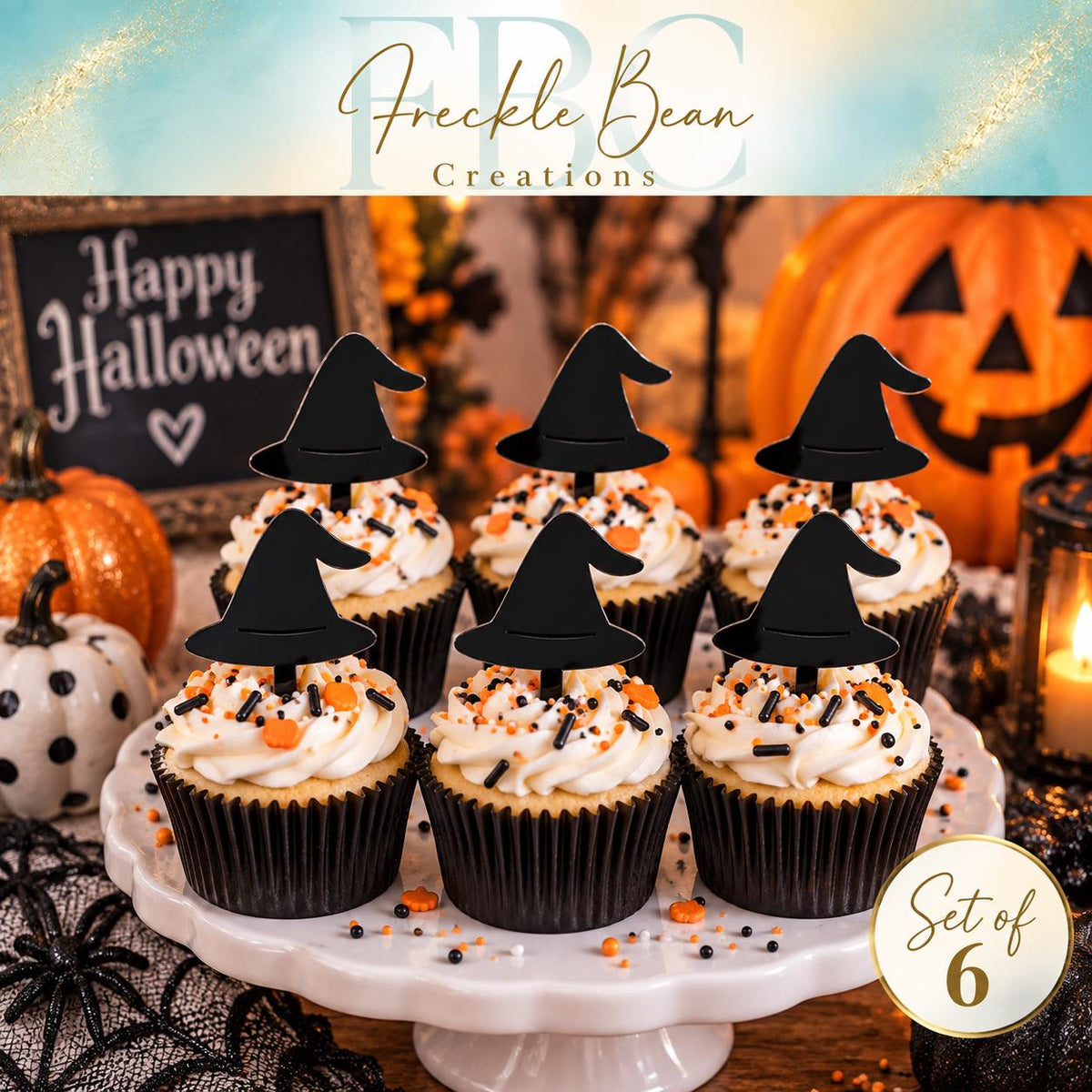 Black Acrylic Witch Hat Cupcake Toppers | Halloween Party Decor (Set of 6)