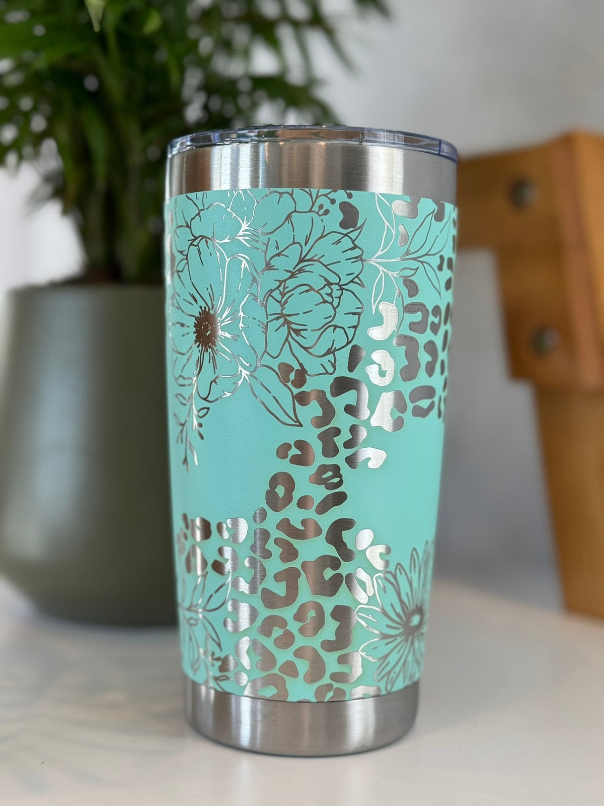 Tumbler Flower and Cheetah 20 oz Engraved Wrap Travel Mug Leopard Print Tumbler
