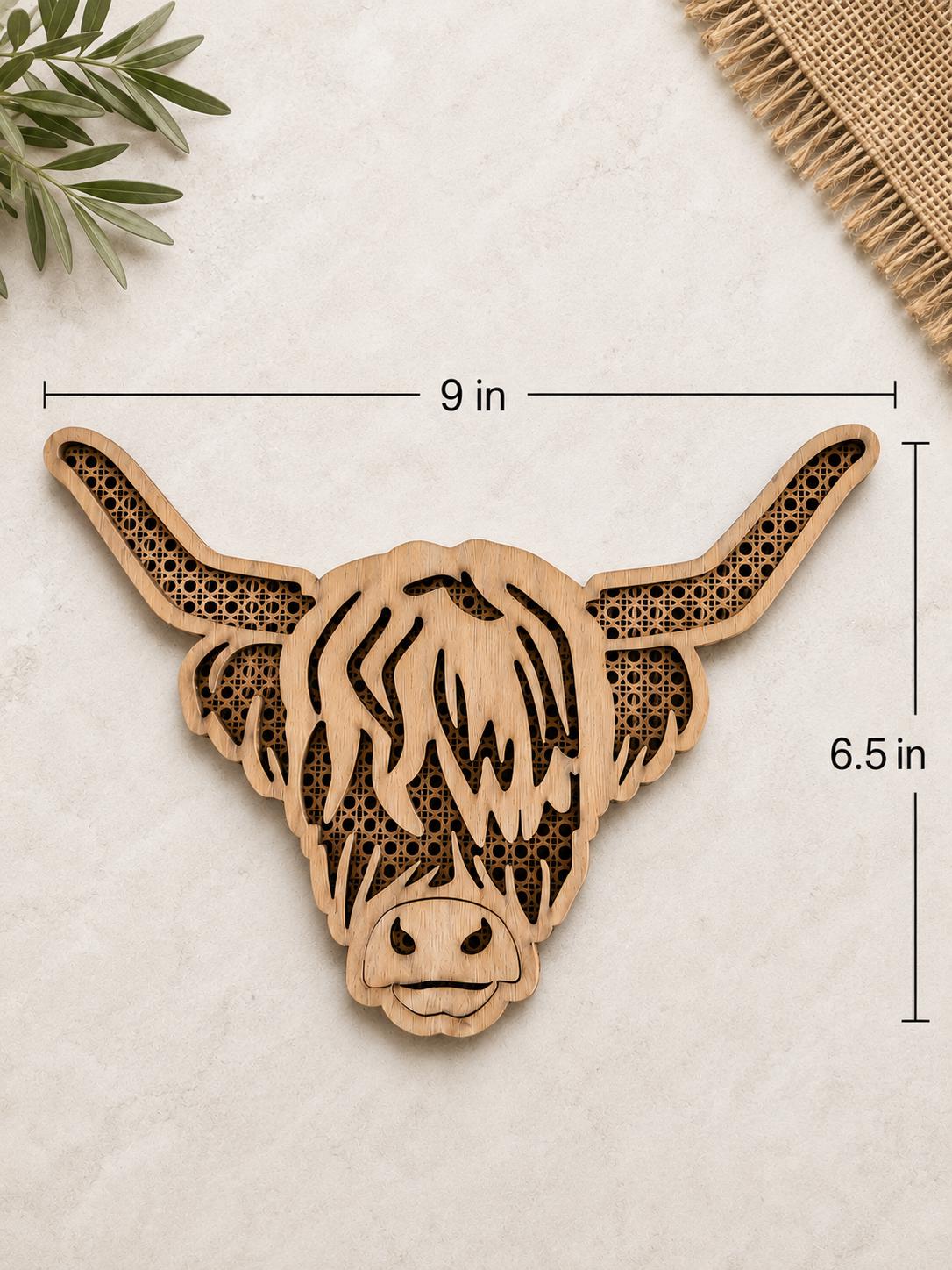Layered Wood Highland Cow Wall Decor: Rattan-Inspired Boho Western Nursery Art