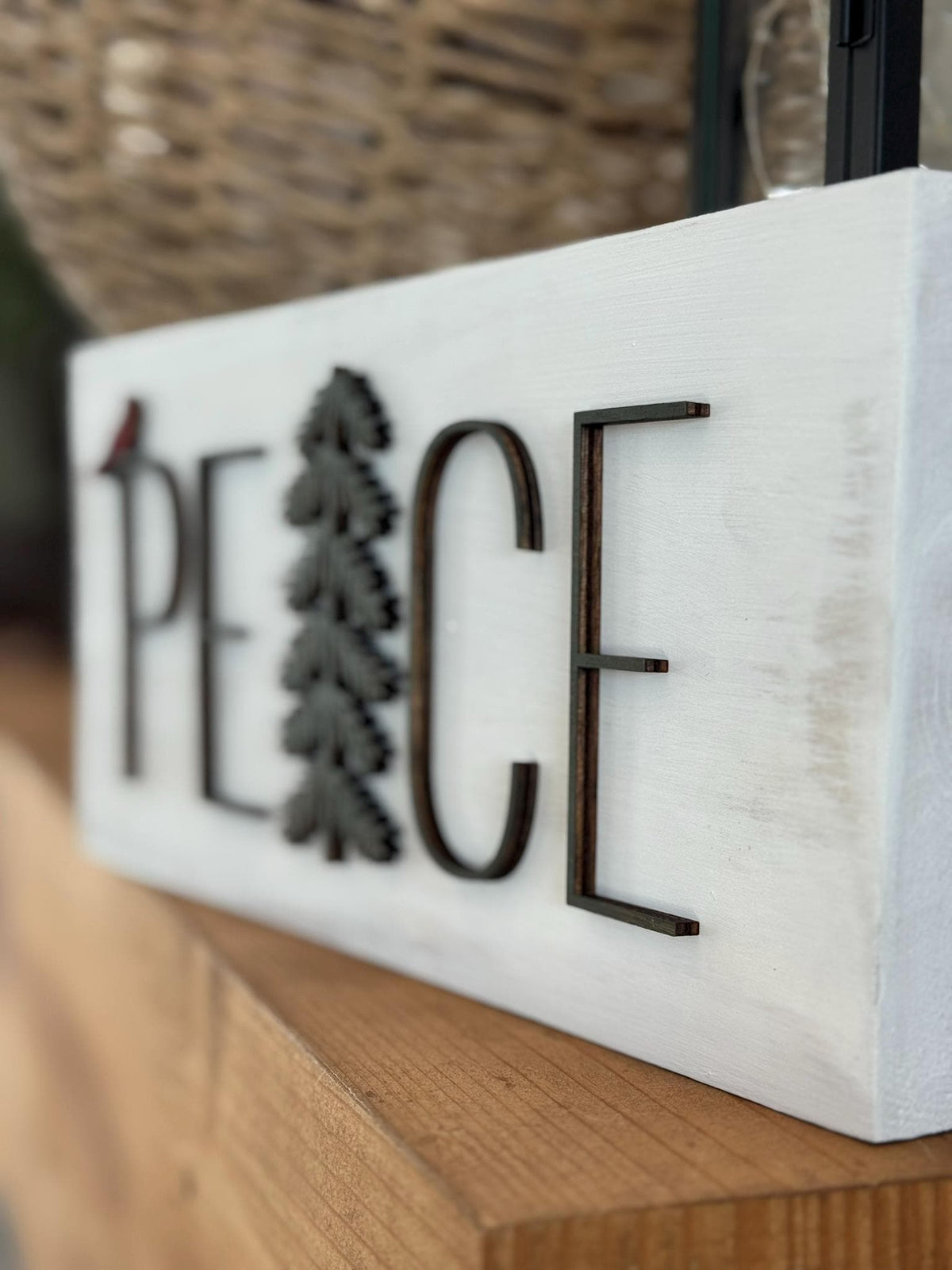 Handmade PEACE Wood Sign: Cardinal Accent, Evergreen Silhouette