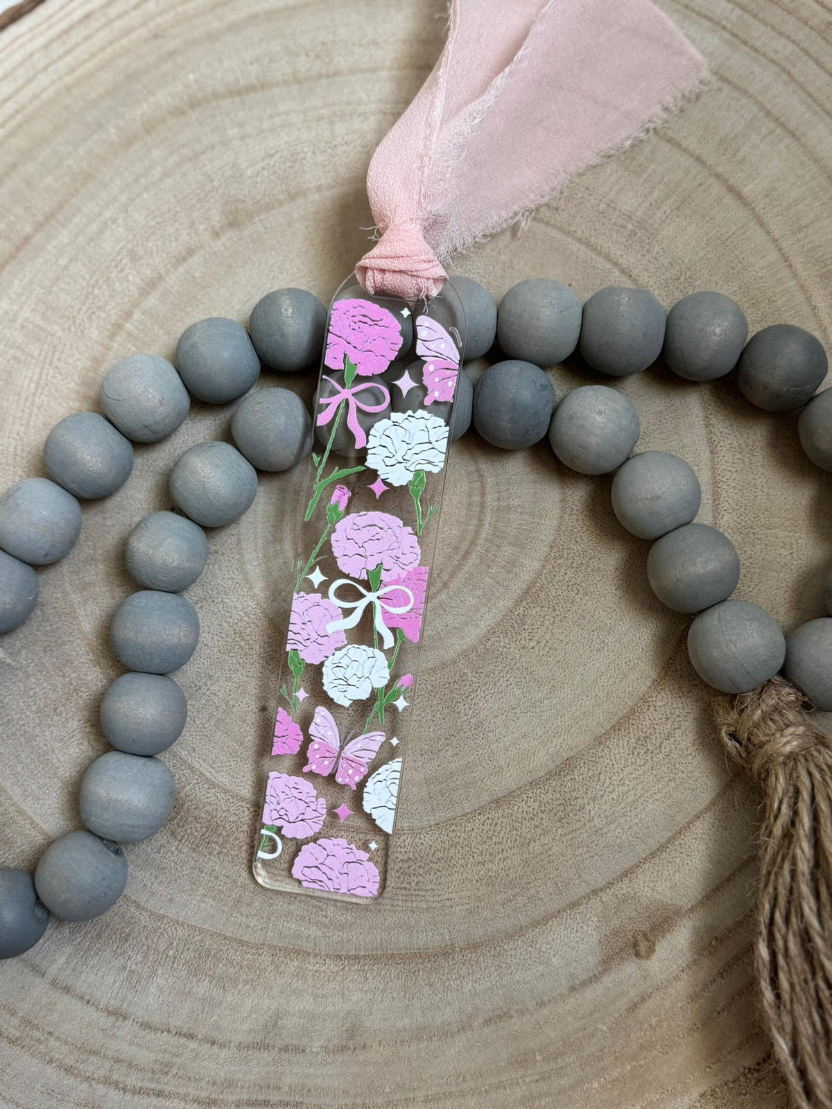 Floral Butterfly Acrylic Bookmark with Pink Ribbon