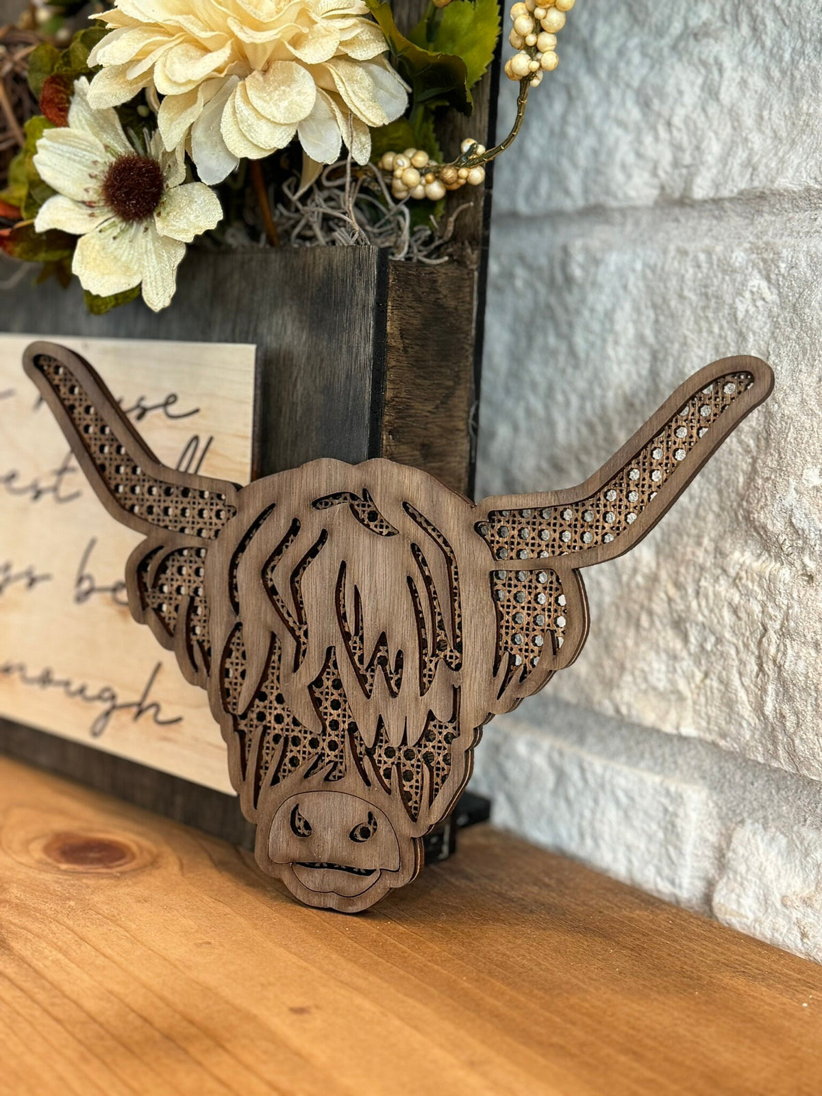 Layered Wood Highland Cow Wall Decor: Rattan-Inspired Boho Western Nursery Art
