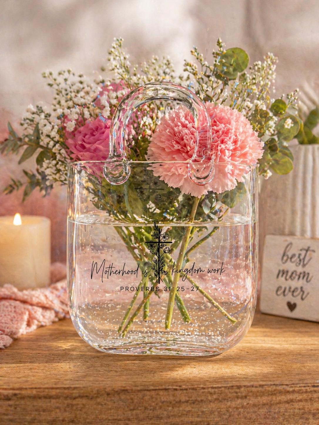 Glass Purse Vase, Proverbs 31:25-27, Motherhood Decor, Floral Arrangement Holder