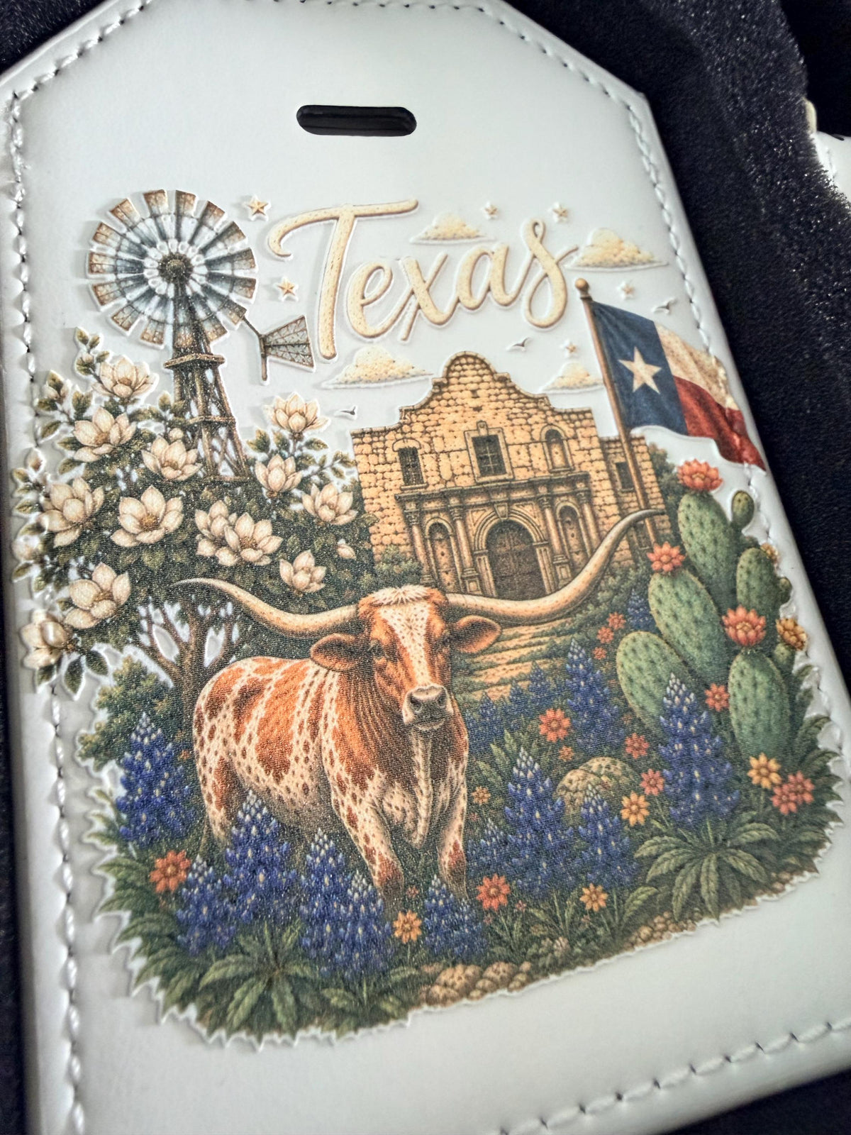 Texas Luggage Tag with Strap: Longhorn, Alamo, Bluebonnets UV Printed