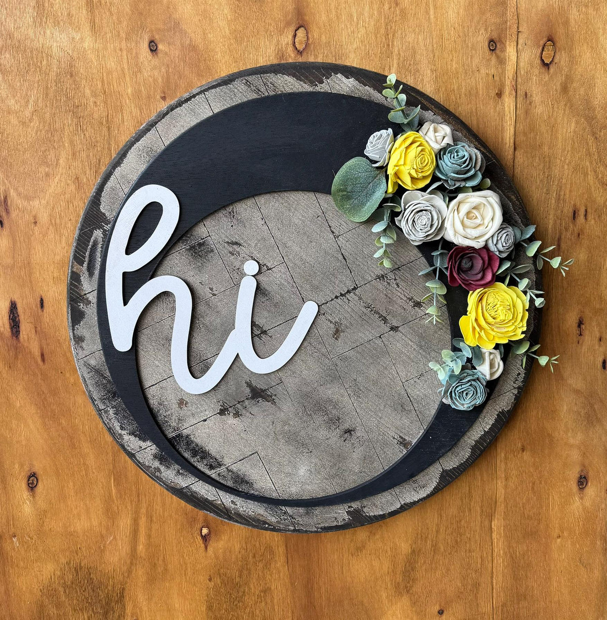 Round Wood Door Hanger with Flowers, Modern Farmhouse Front Door Sign