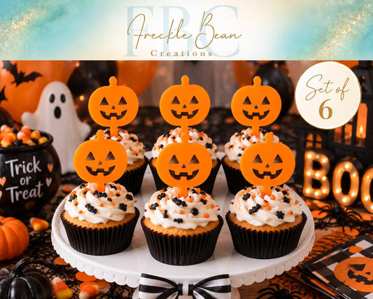 Set of 6 Orange Acrylic Jack-O'-Lantern Cupcake Toppers | Halloween Party Picks