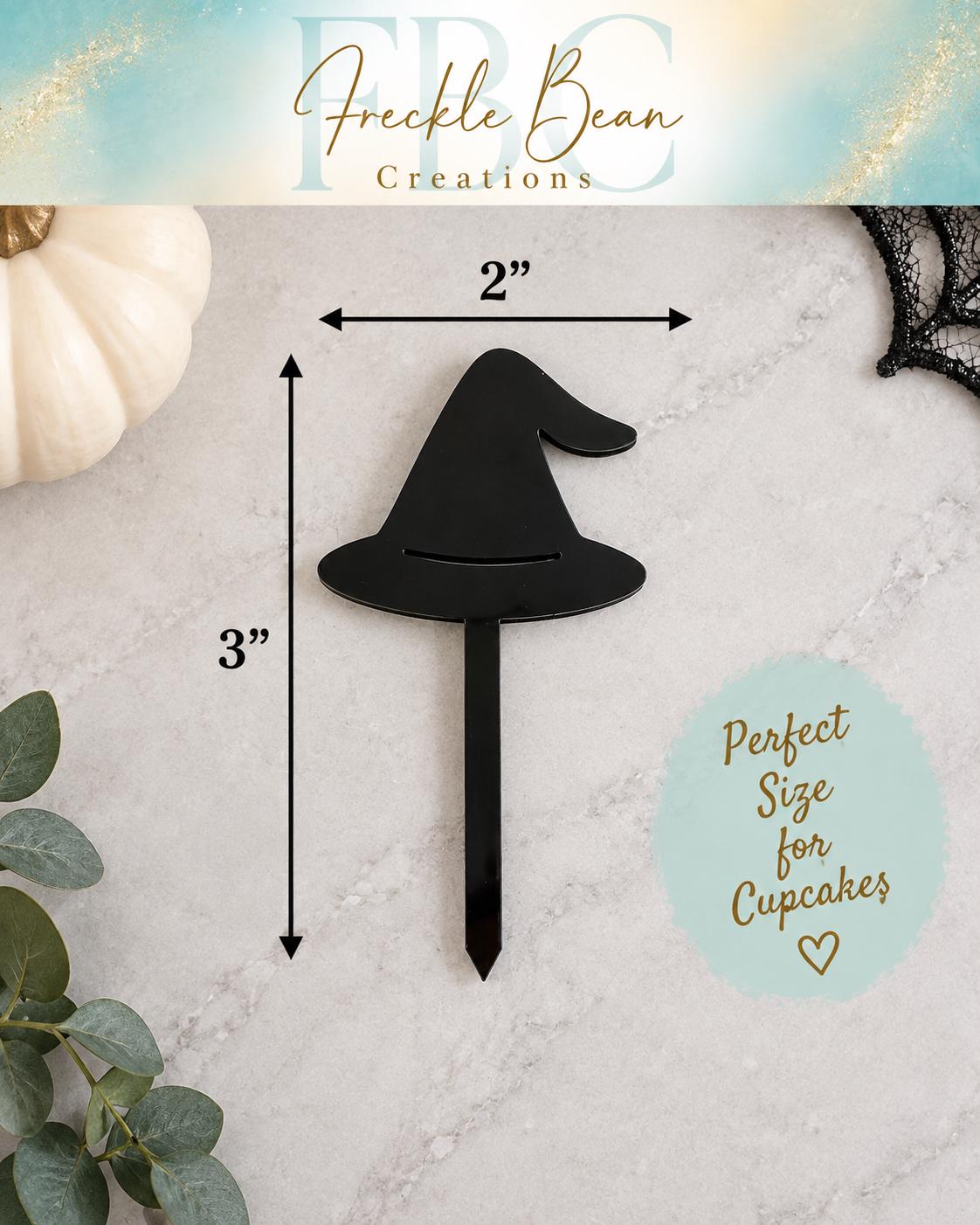 Black Acrylic Witch Hat Cupcake Toppers | Halloween Party Decor (Set of 6)