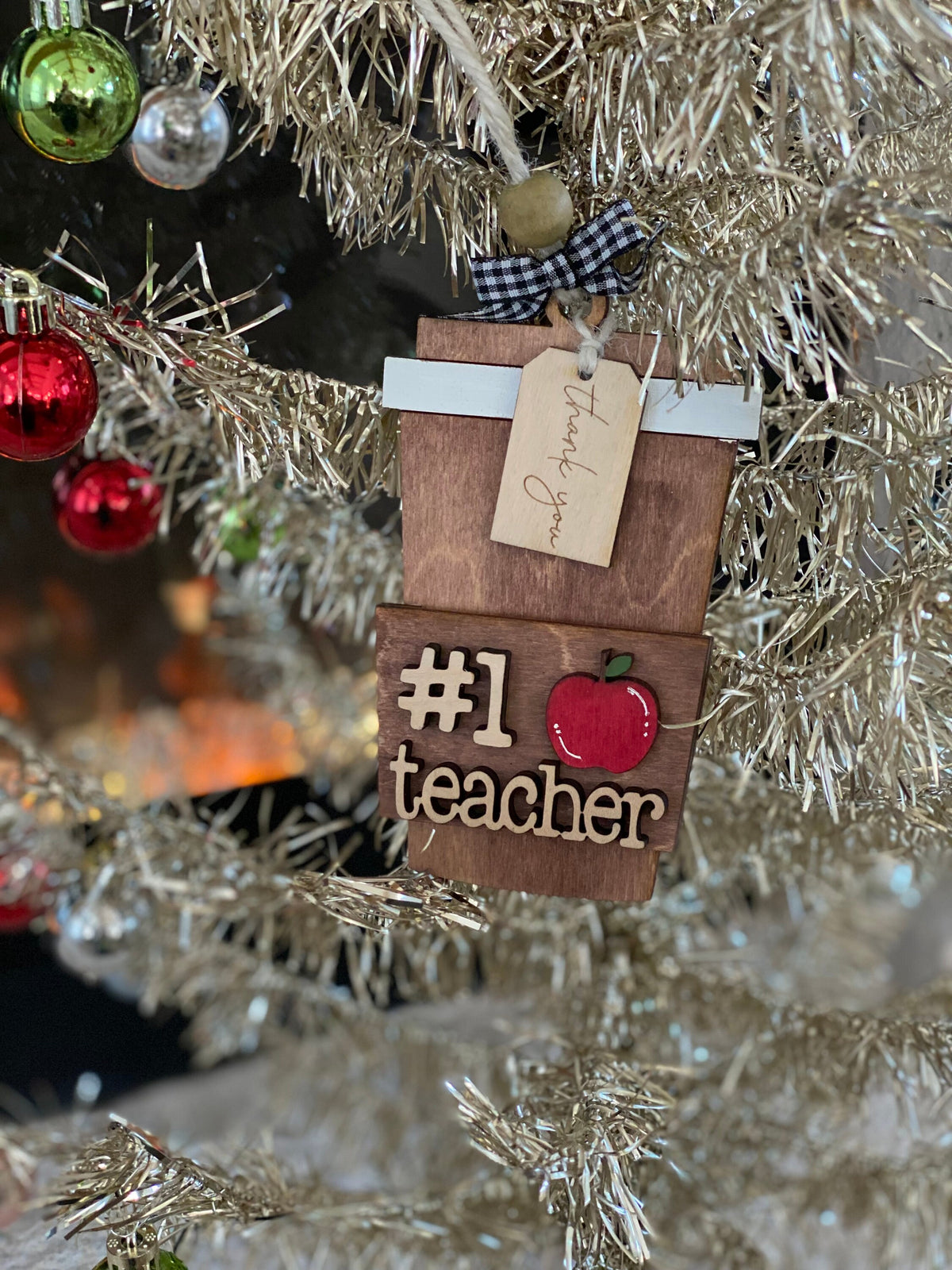 Personalized Teacher Gift Card Ornament, Laser Cut Wood Decor