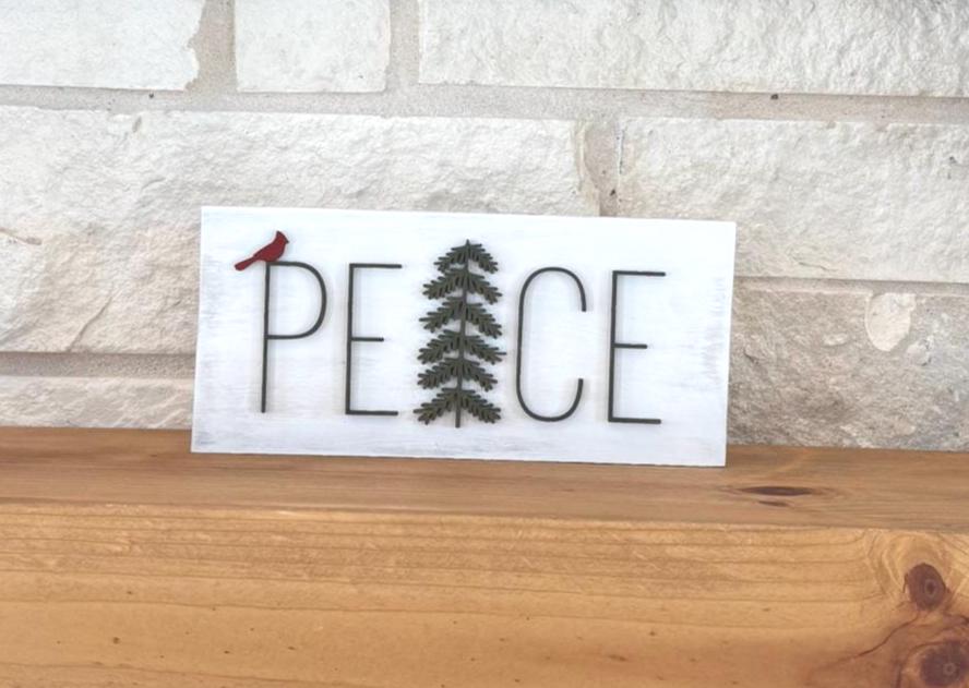 Handmade PEACE Wood Sign: Cardinal Accent, Evergreen Silhouette