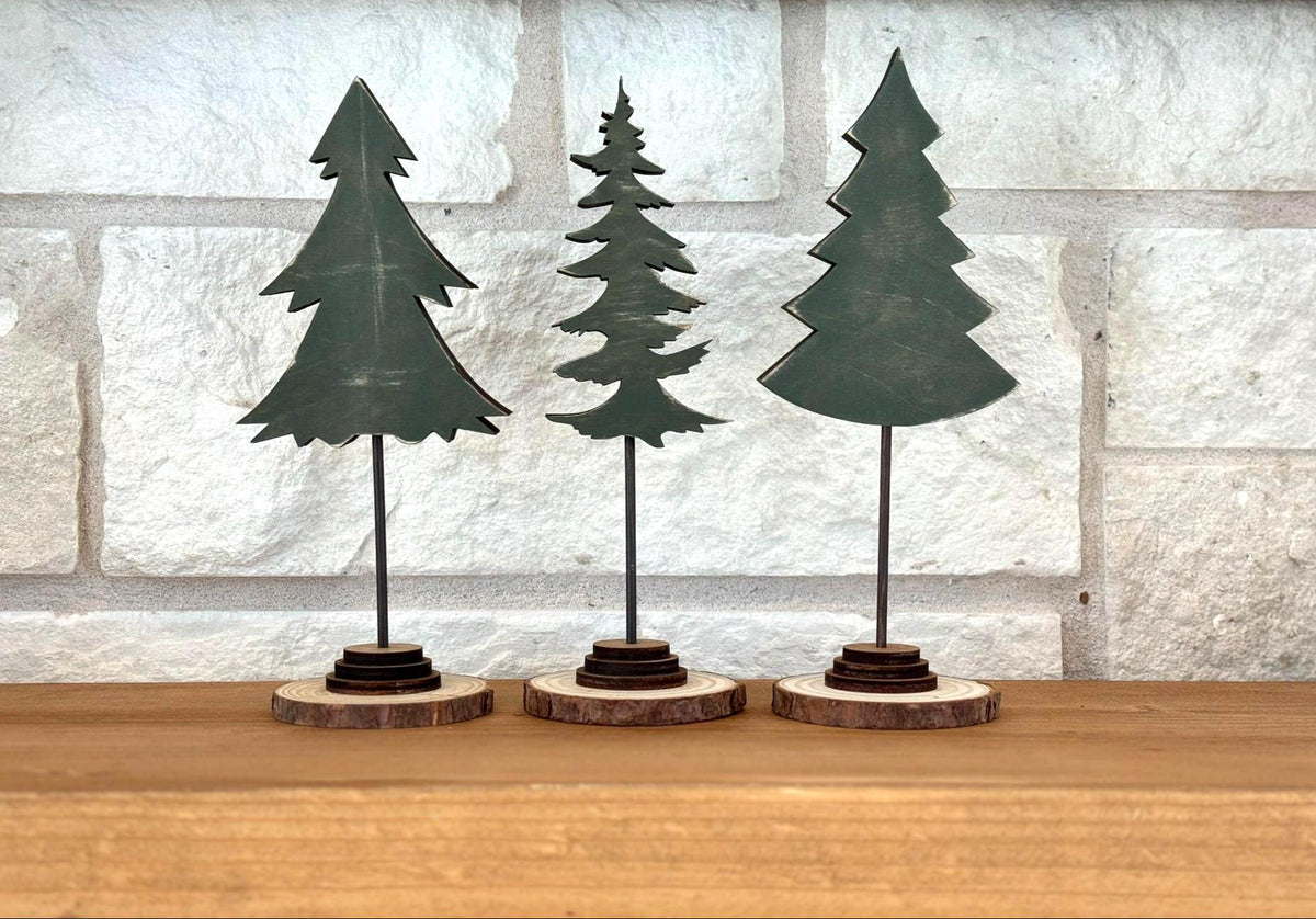 Rustic Wood Christmas Tree Set, Evergreen Holiday Mantel Decor