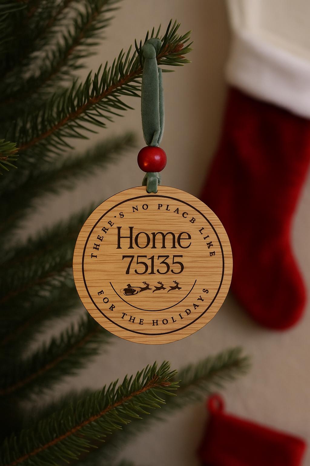 Custom Zip Code Ornament Wood Christmas Ornament Personalized Holiday Gift Velvet Ribbon Engraved