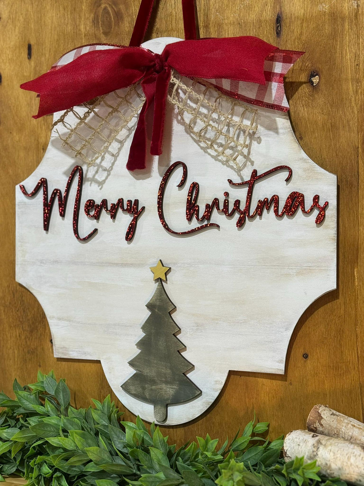 Merry Christmas Door Sign Rustic Wall Decor Farmhouse Sign Layered Wood Tree Holiday Decor