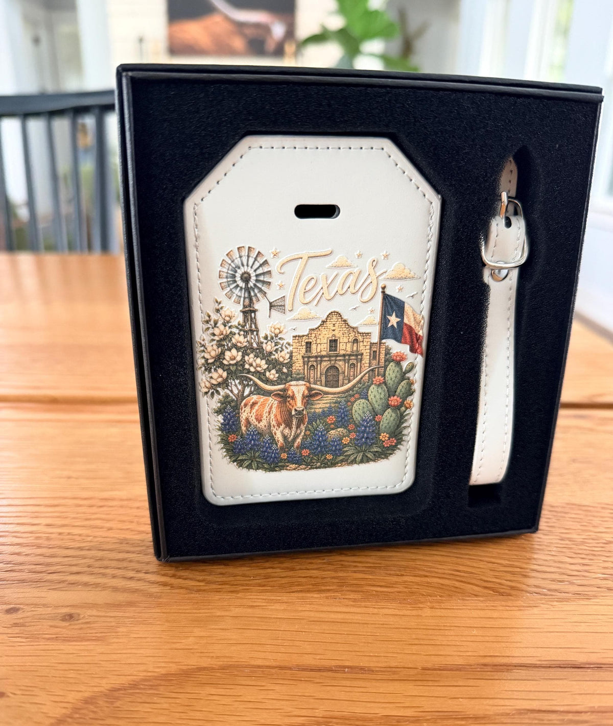 Texas Luggage Tag with Strap: Longhorn, Alamo, Bluebonnets UV Printed