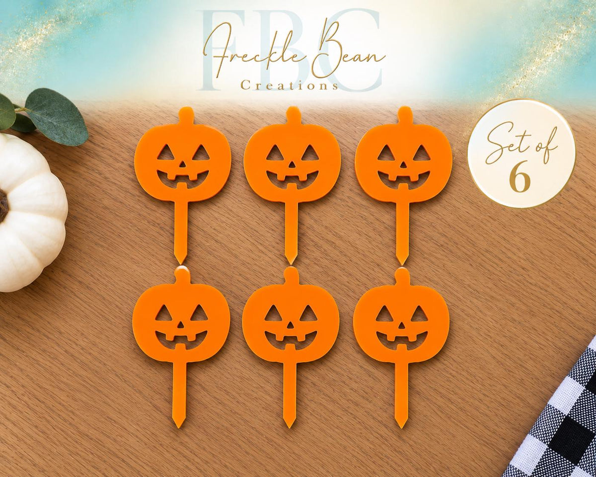 Set of 6 Orange Acrylic Jack-O'-Lantern Cupcake Toppers | Halloween Party Picks