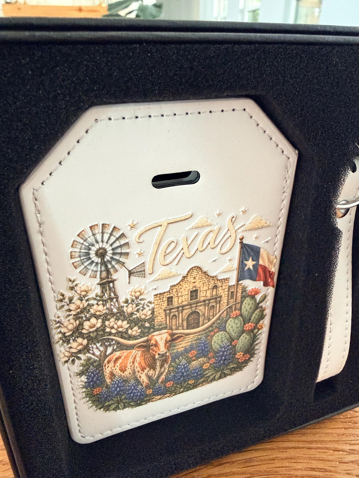Texas Luggage Tag with Strap: Longhorn, Alamo, Bluebonnets UV Printed