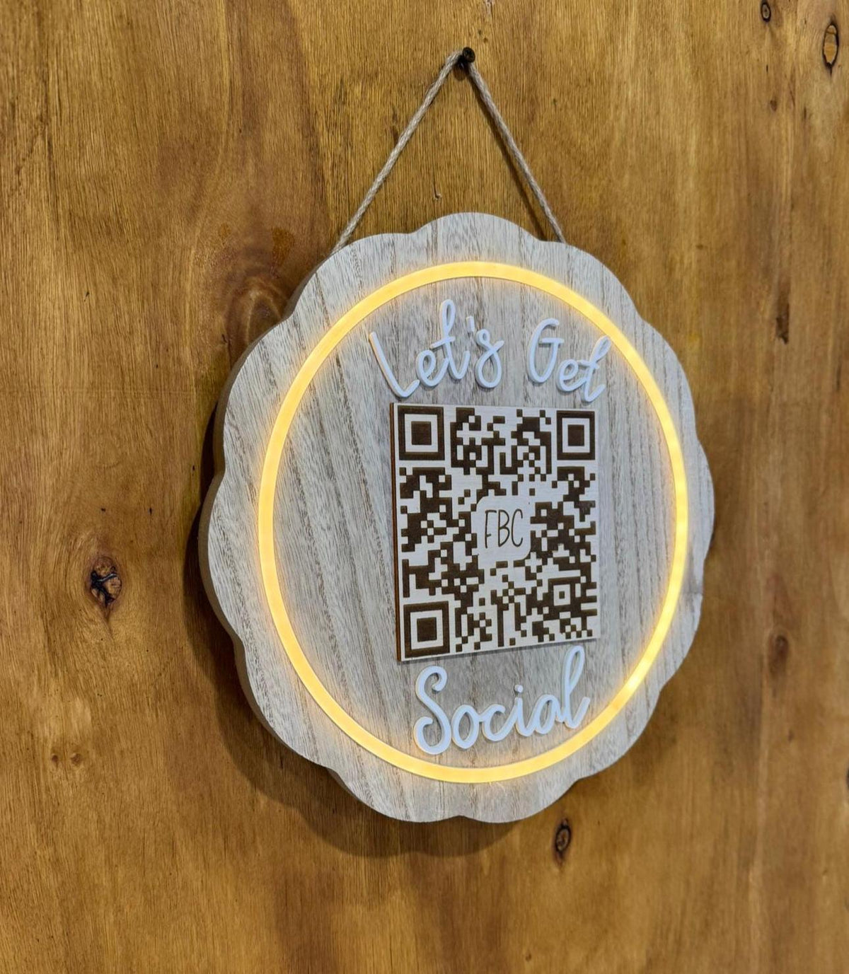 Let’s Get Social lighted QR Code Sign LED Wood Acrylic Scalloped Custom Business Sign