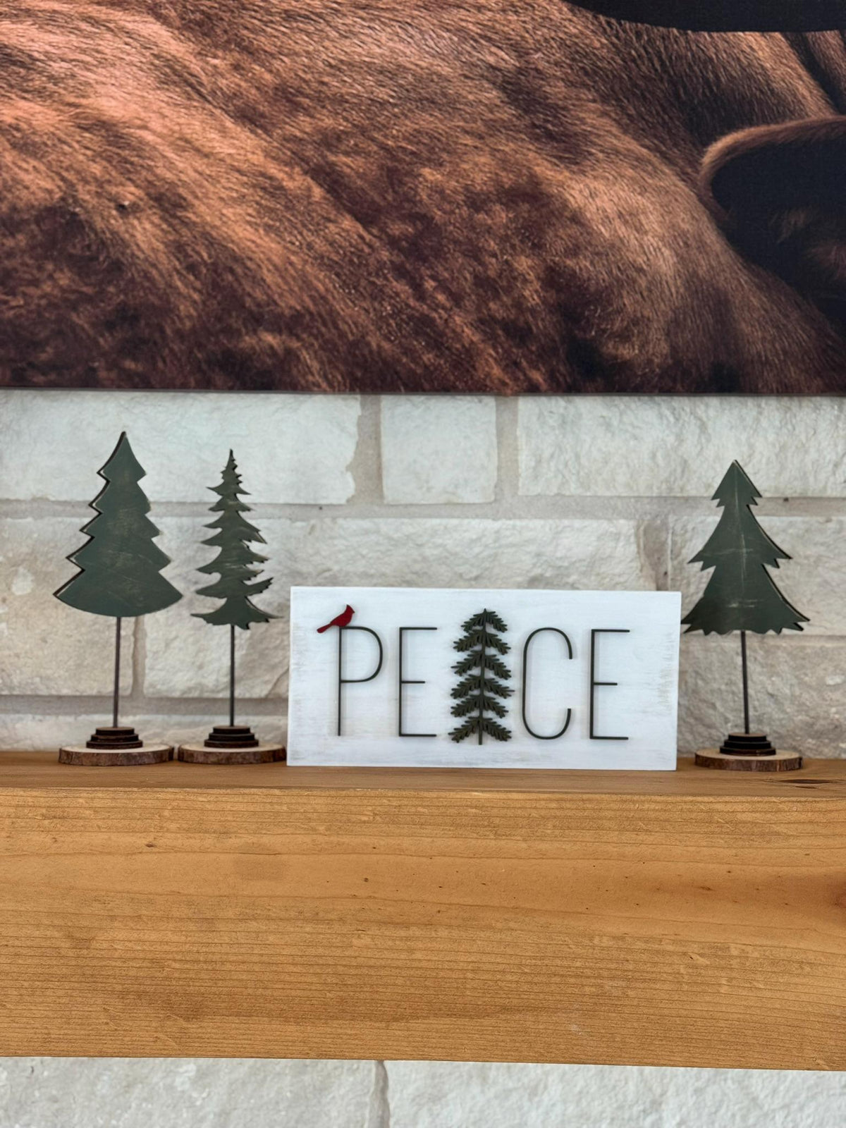Handmade PEACE Wood Sign: Cardinal Accent, Evergreen Silhouette