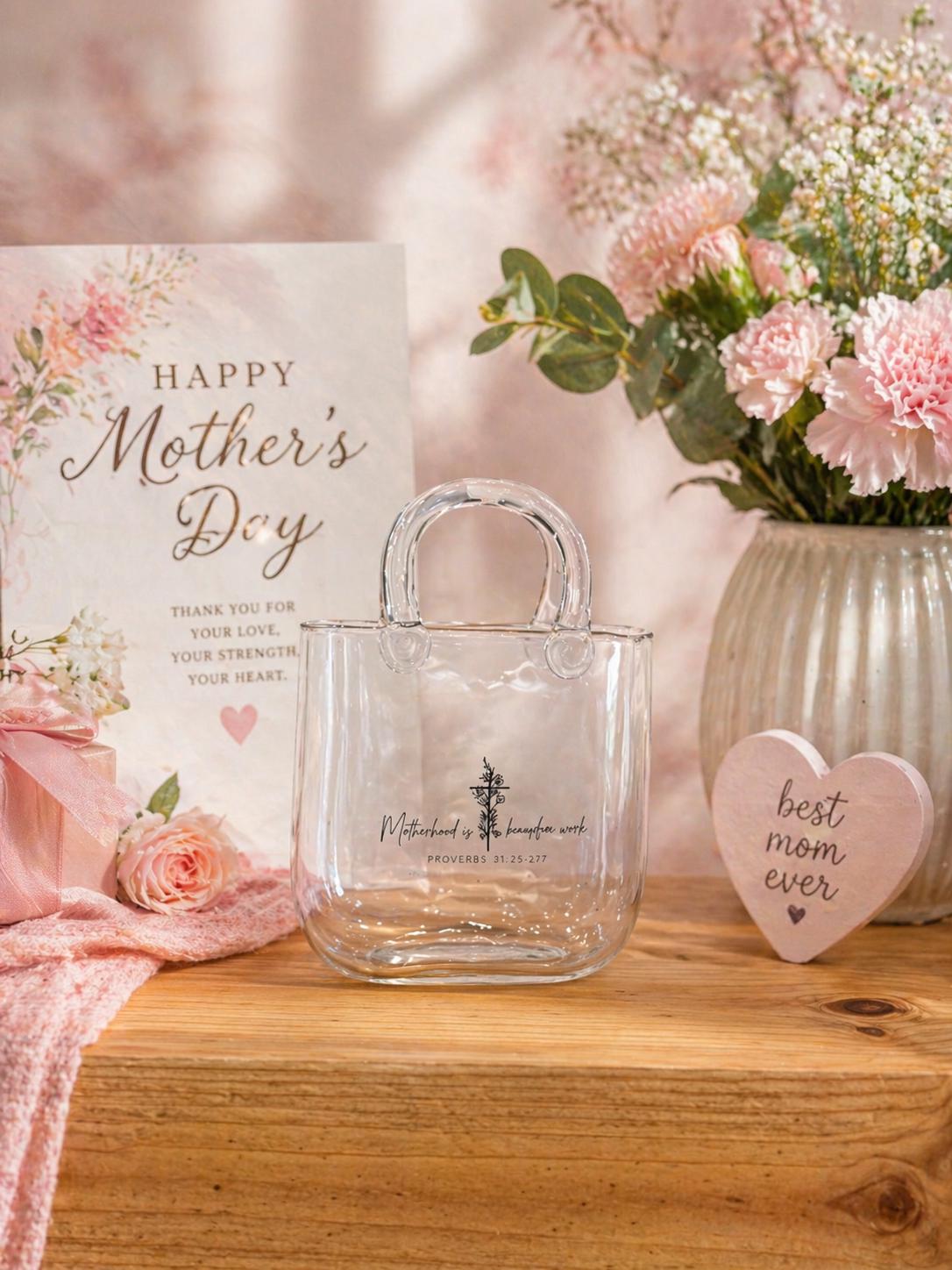 Glass Purse Vase, Proverbs 31:25-27, Motherhood Decor, Floral Arrangement Holder