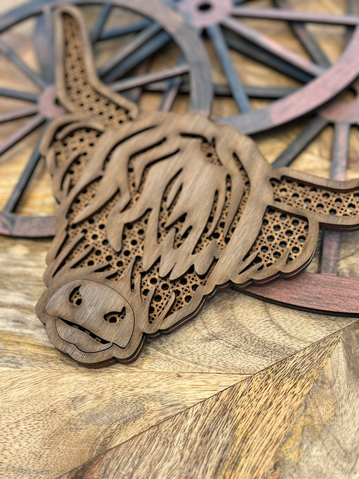 Layered Wood Highland Cow Wall Decor: Rattan-Inspired Boho Western Nursery Art
