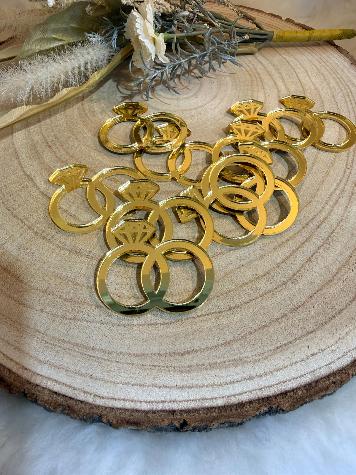 Gold Acrylic Wedding Ring Cupcake Toppers, Bridal Shower Decor