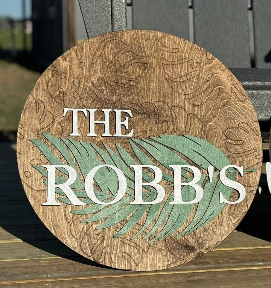 Monstera Tropical Custom Last Name Sign Personalized Welcome Porch Round Layered Wood Leaf Decor