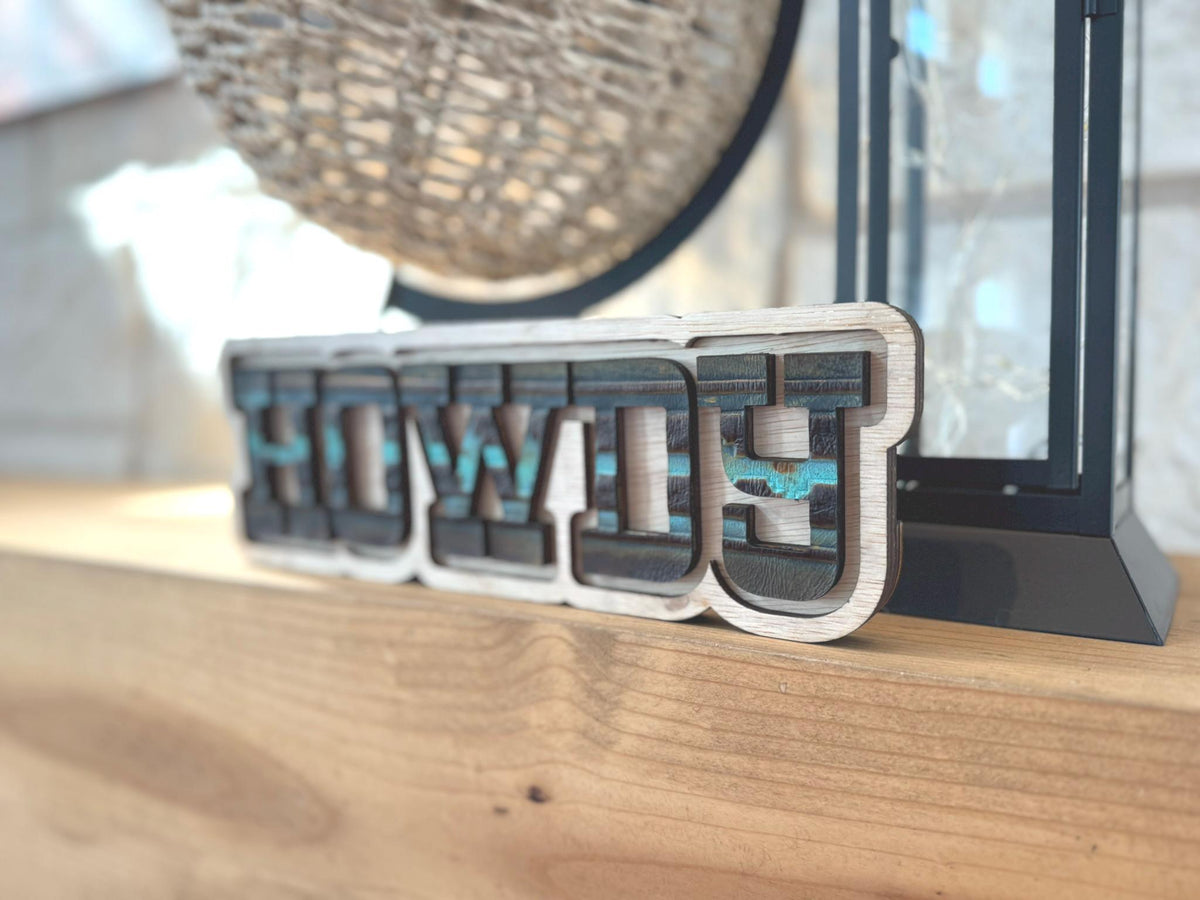 Howdy Wood Leather Sign Western Accent Home Decor Farmhouse Shelf Texas Gift Handmade Rustic Wood Boho Decor
