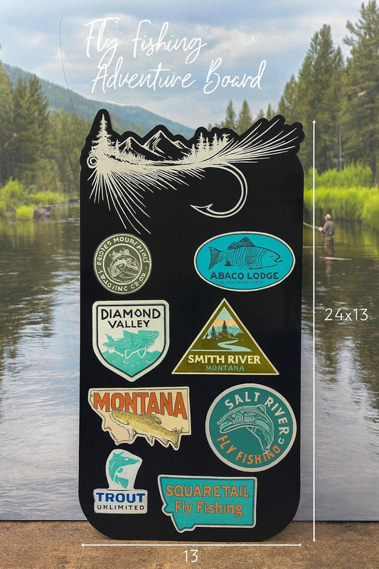 Hand-Painted Fly Fishing Adventure Sticker Board RV Camper Decor Engraved Acrylic Mountain Scene