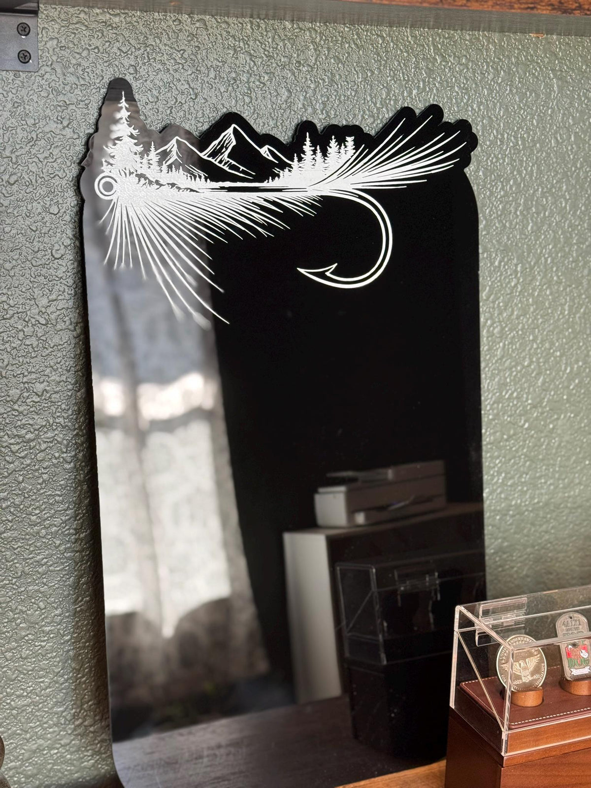 Hand-Painted Fly Fishing Adventure Sticker Board RV Camper Decor Engraved Acrylic Mountain Scene