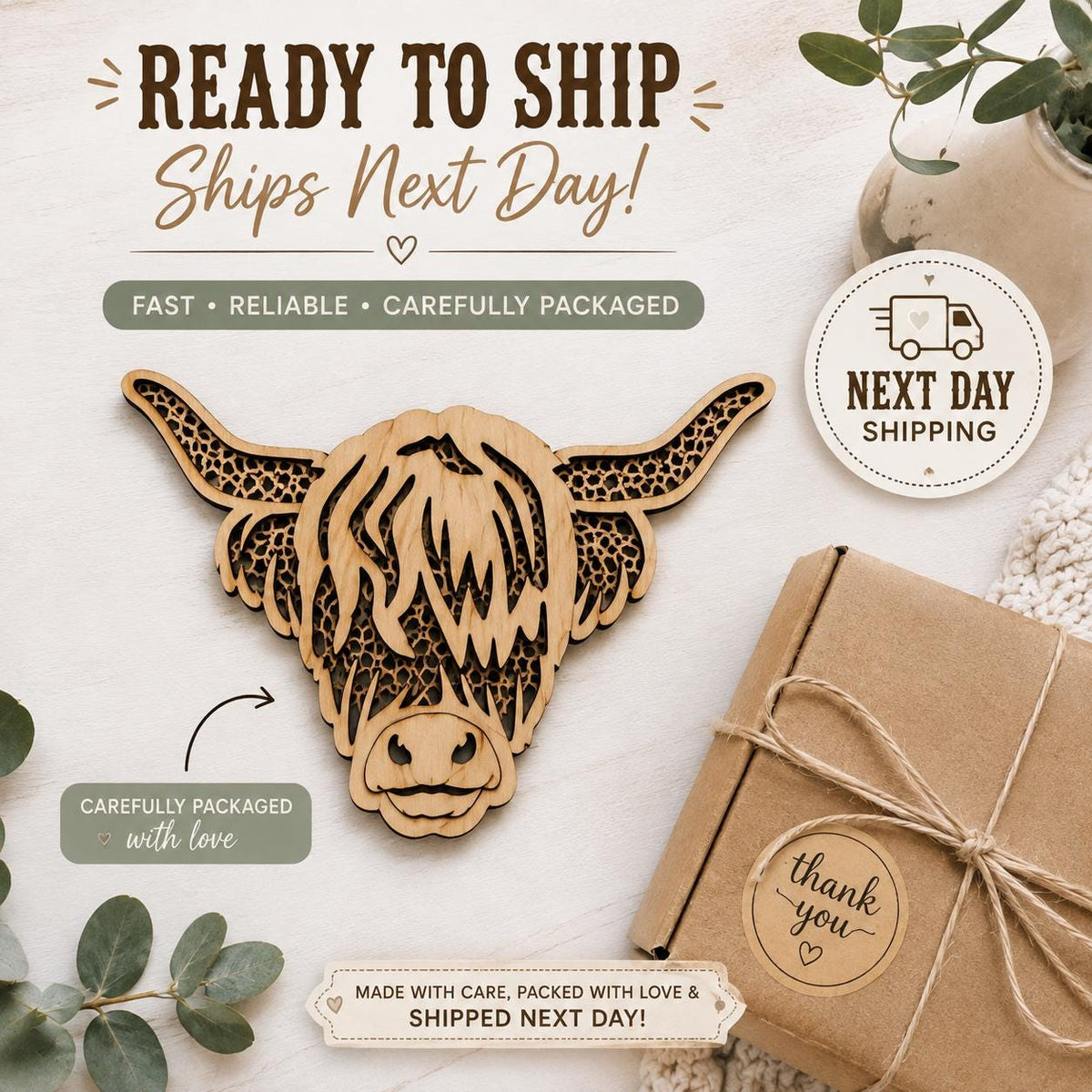 Layered Wood Highland Cow Wall Decor: Rattan-Inspired Boho Western Nursery Art