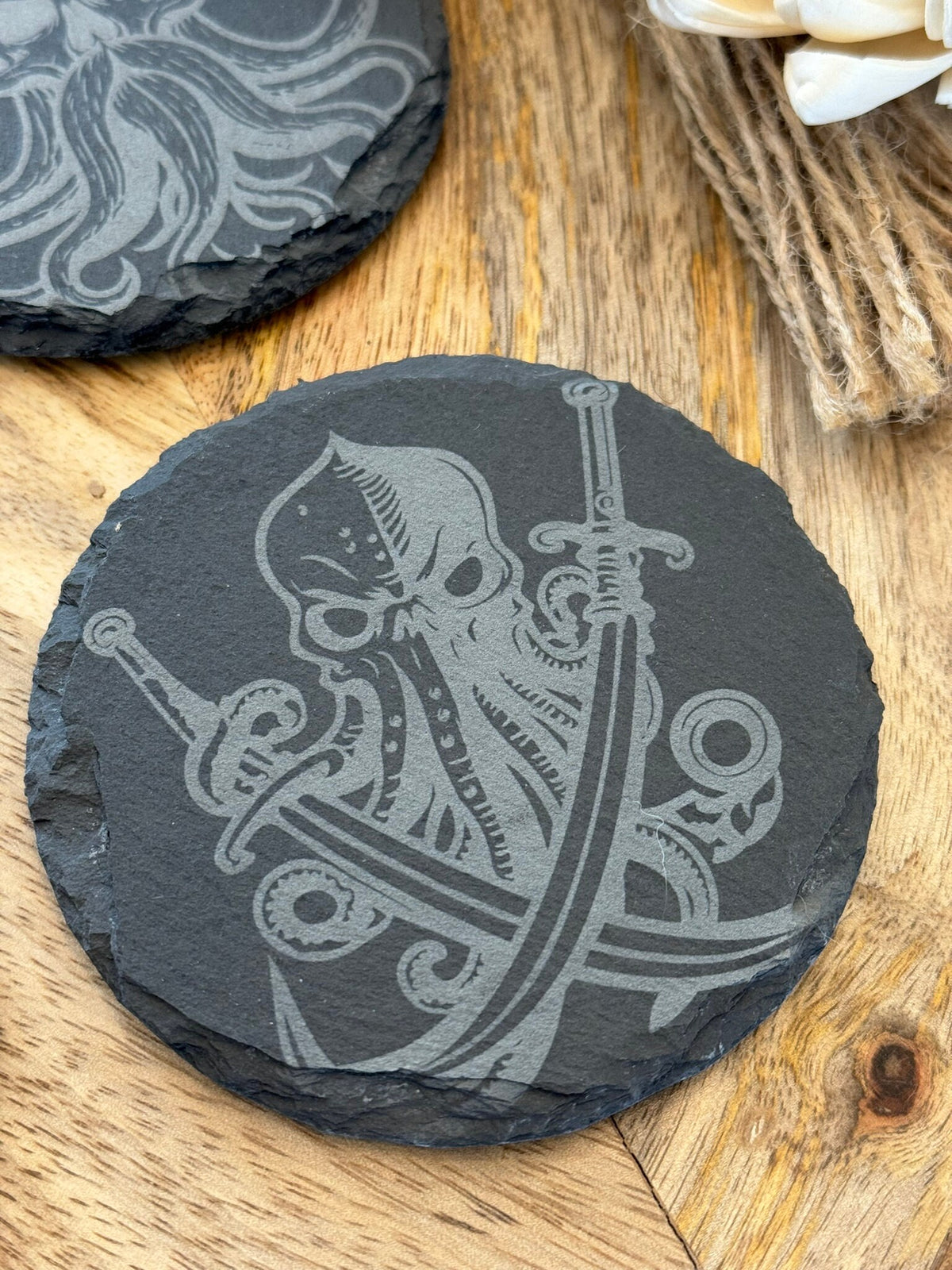 Slate Coasters Nautical Engraved Octopus Kraken Pirate Ship